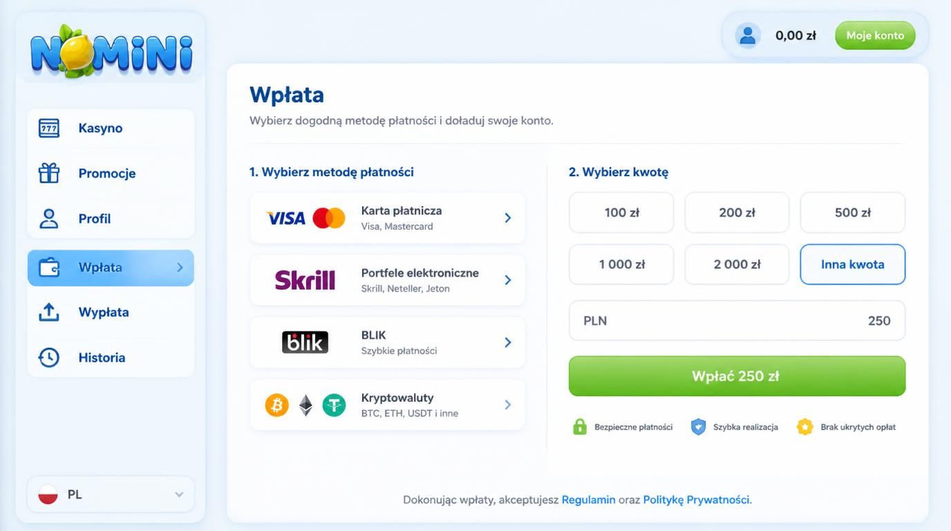 Widok ekranu wpłaty metodami Visa, Mastercard, e-portfel i kryptowaluty w Nomini Casino