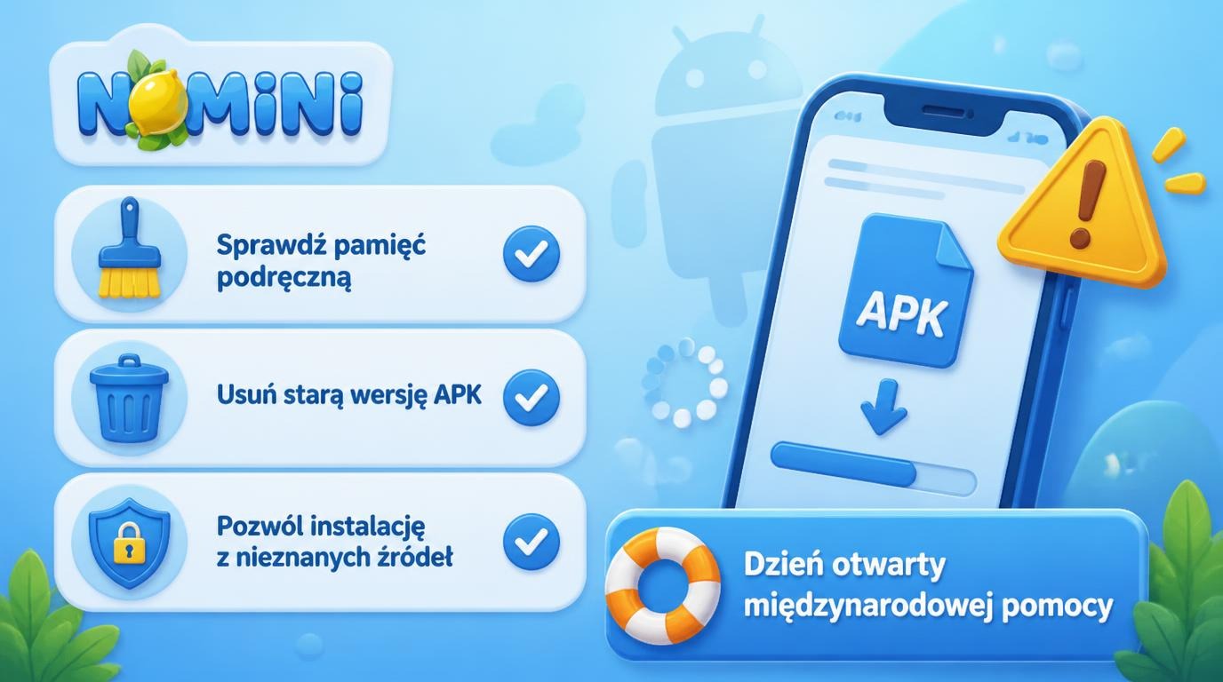 Interfejs instalacyjny z poradami przy instalacji APK Nomini na Androida