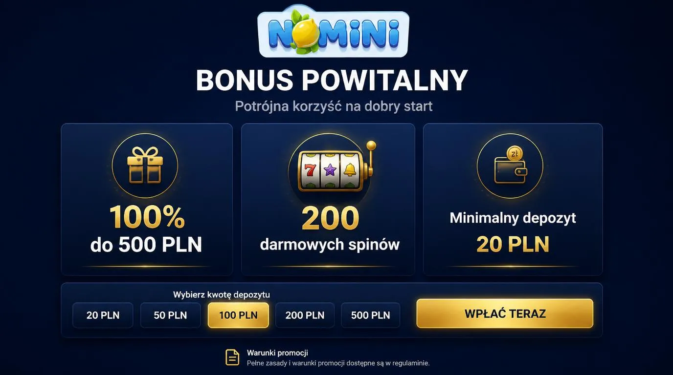 Panel bonusu powitalnego z limitem 500 PLN, 200 darmowymi spinami i minimalnym depozytem 20 PLN