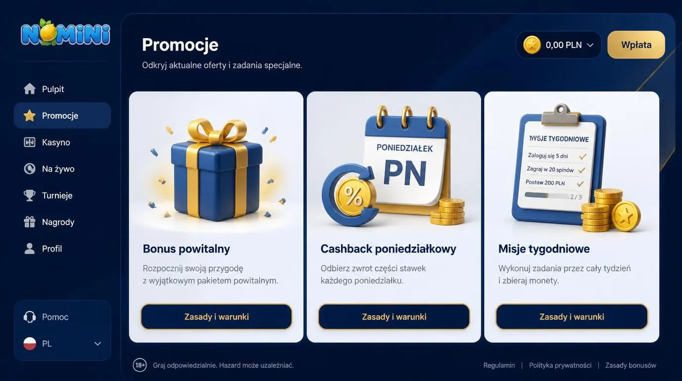 Panel promocji kasynowych z kartami bonusu powitalnego, cashbacku i cotygodniowych misji