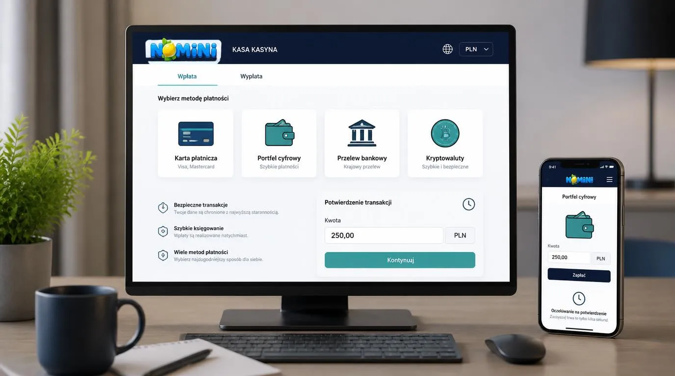 Panel kasjera z kartą płatniczą, portfelem elektronicznym, przelewem i kryptowalutami oraz wyborem PLN