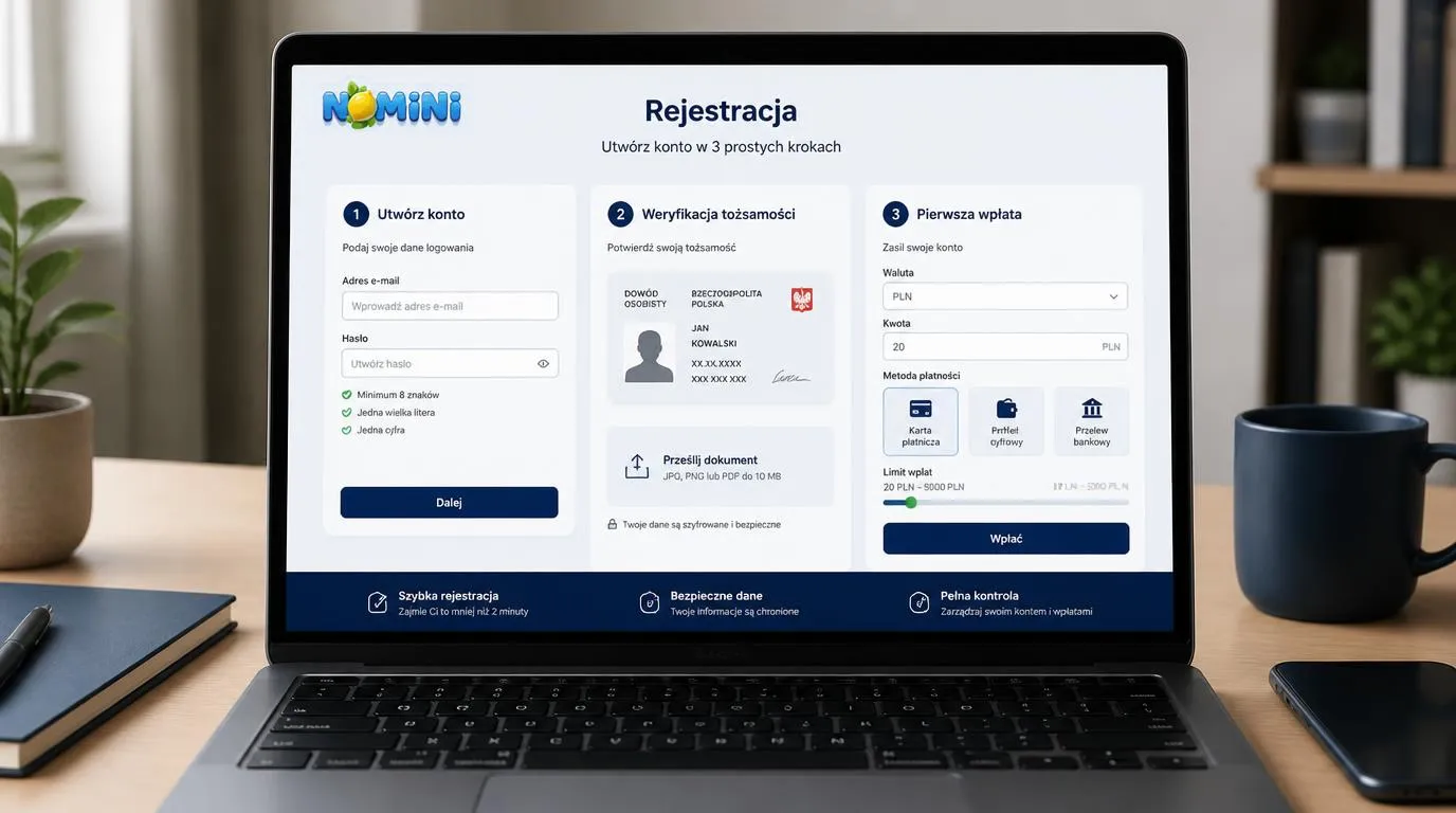 Panel rejestracji, przesyłania dokumentów KYC i pierwszej wpłaty w PLN na ekranie laptopa